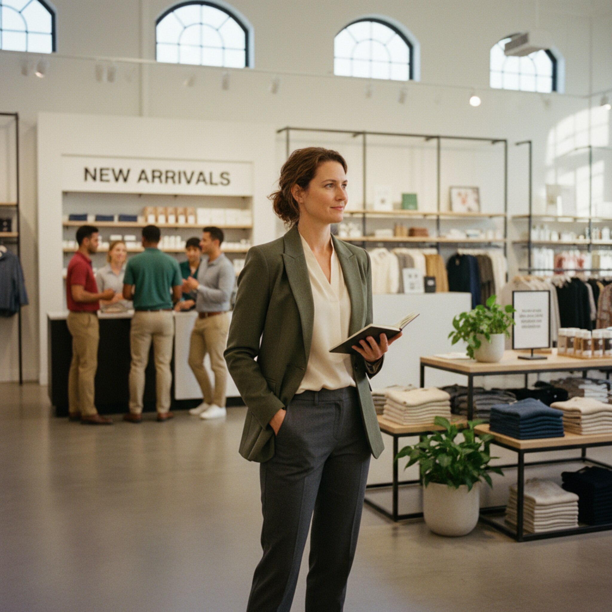 Eine Gebietsleiterin geht durch eine weiträumige Filiale, prüft eine Aktionsfläche und notiert etwas in ein kleines Notizbuch. In Sichtweite arbeitet ein Team am Servicecounter. Die Szene vermittelt Übersicht, Verantwortung und abgestimmte Abläufe über mehrere Bereiche hinweg.
