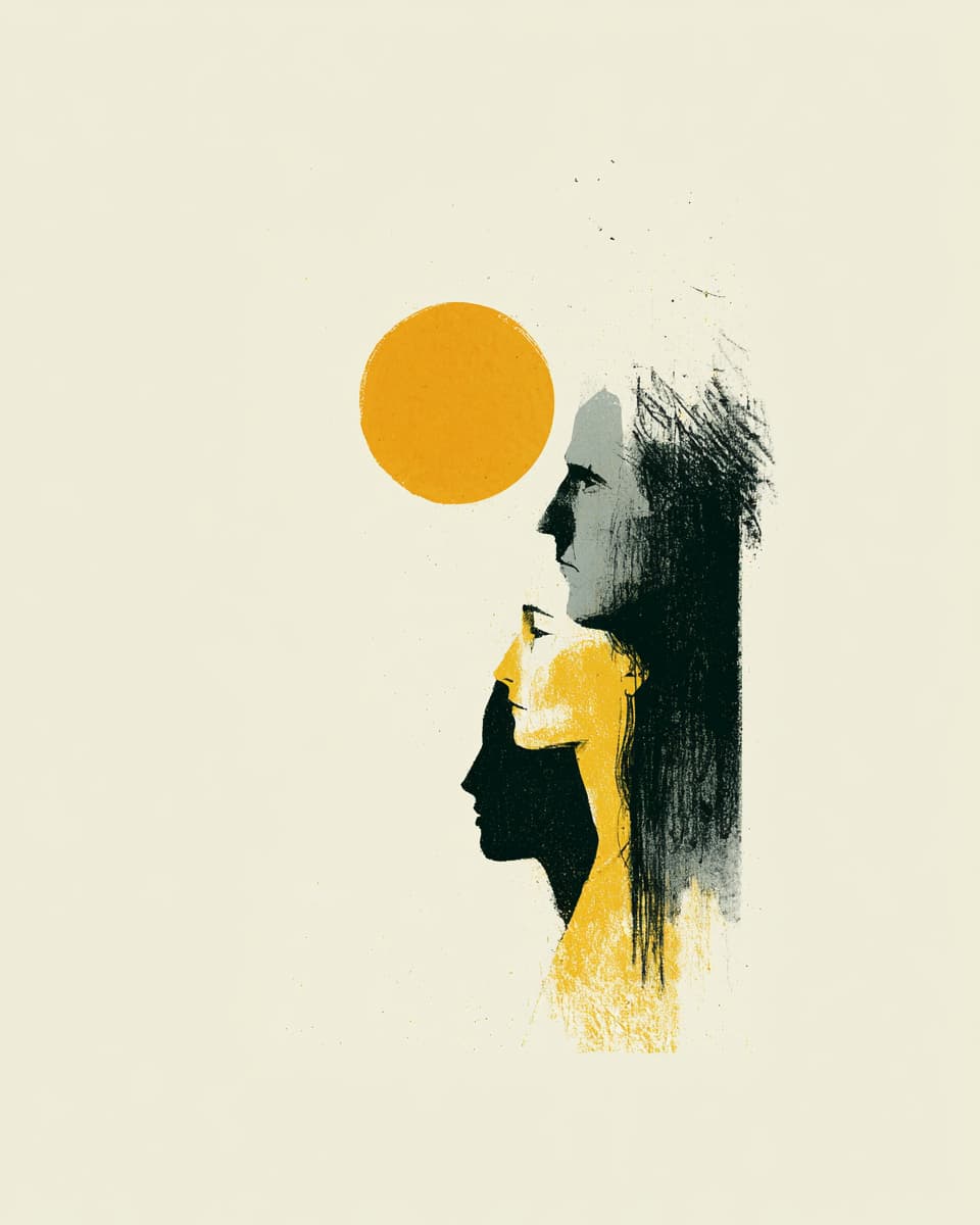 Abstrakte Kunst: Silhouetten von Gesichtern, Sonne. Illustration im minimalistischen Stil. Moderne Grafik.