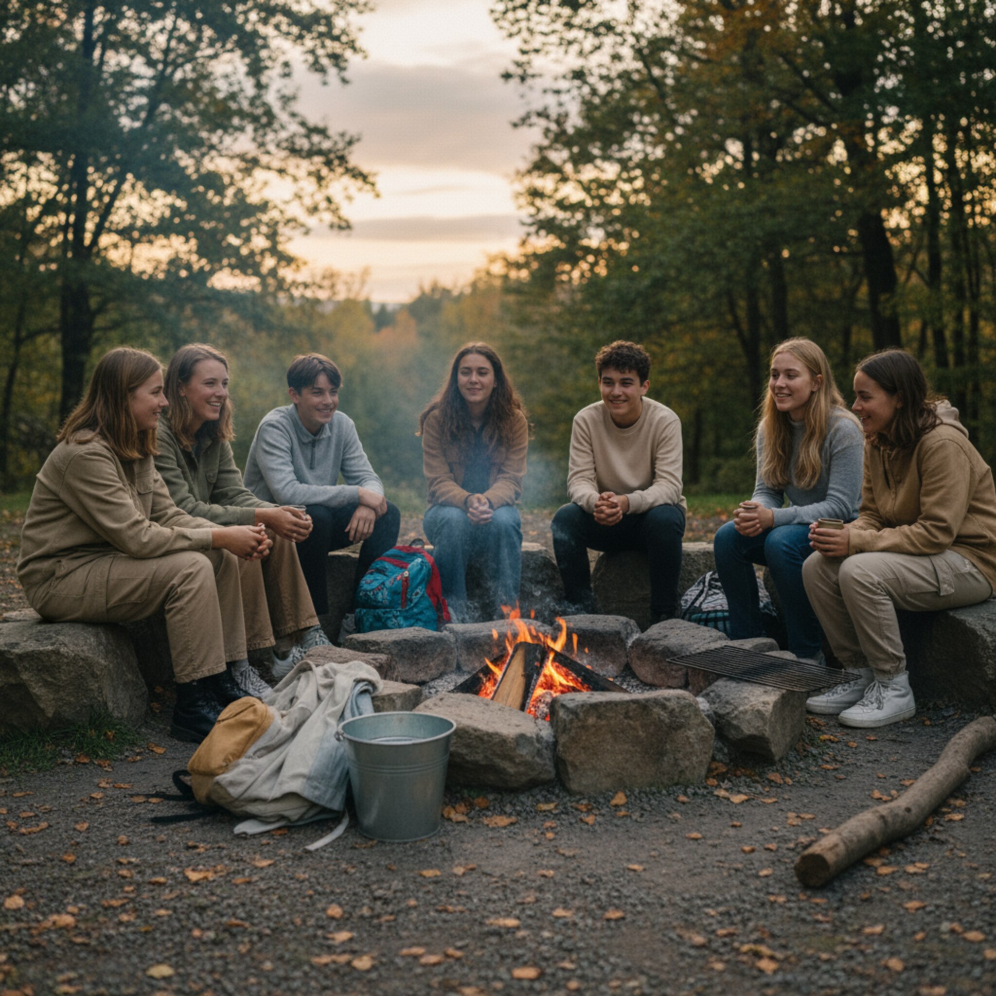 Eine Jugendgruppe sitzt am späten Nachmittag um eine genehmigte Feuerstelle aus Natursteinen. Glimmende Kohlen werfen warmes Licht auf Rucksäcke und Jacken. Ein Eimer Wasser steht bereit, daneben liegt ein sauberer Grillrost. Leichte Abendbrise bewegt die Baumwipfel, Stimmen klingen fröhlich und gedämpft.