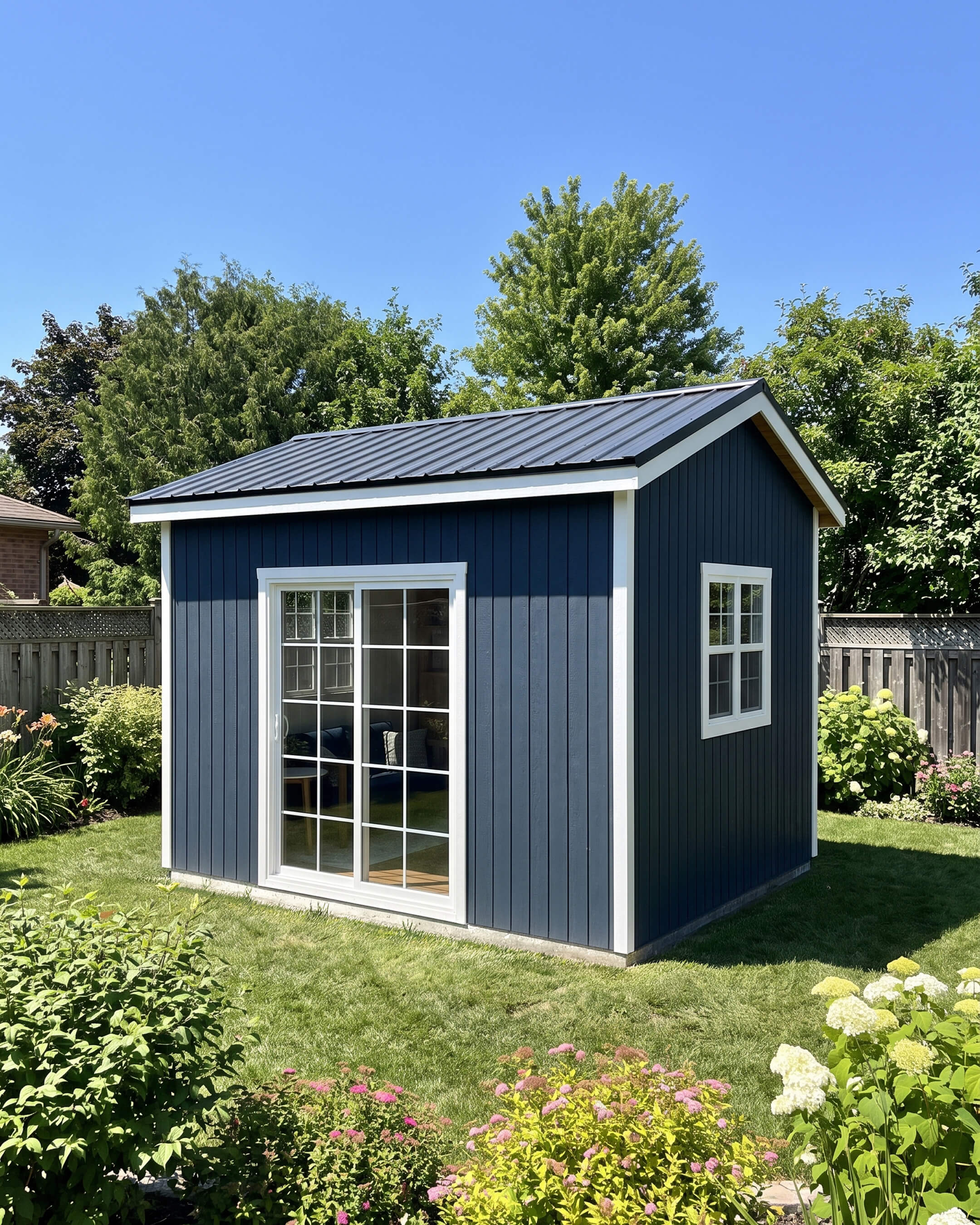 Modern 12x10 shed home office with large sliding glass doors, a side window and contrasting white trim in a sunny backyard.