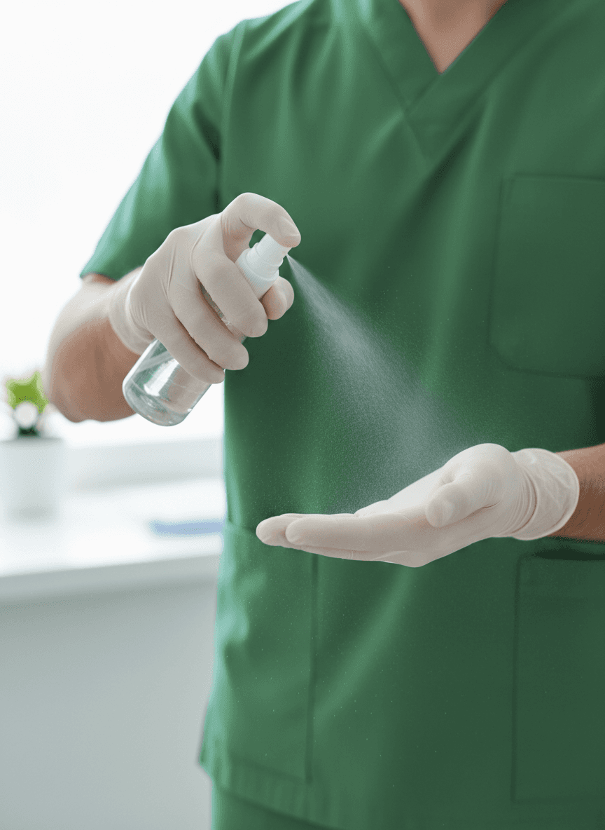 A person in green medical scrubs wearing gloves while spraying hand disinfectant.