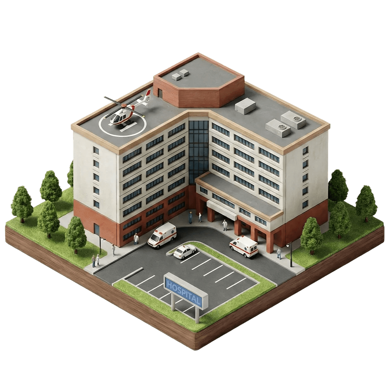 Aerial view of a modern hospital complex with multiple floors, featuring a helipad with a helicopter on the roof, two ambulances parked at the entrance, surrounded by trees and a visible "Hospital" sign in the foreground, showcasing a full-service healthcare facility.