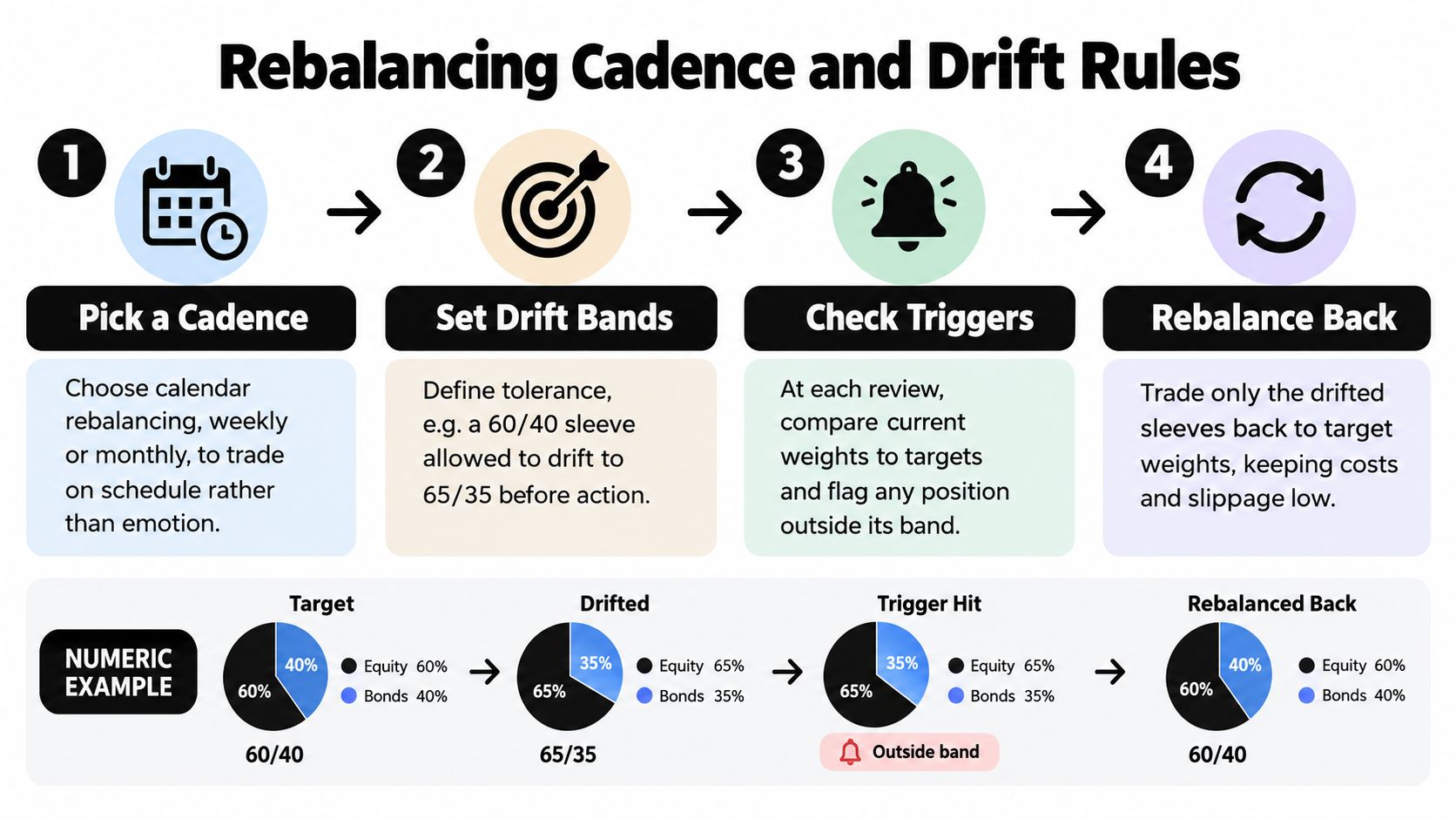 A four-step infographic explaining portfolio rebalancing cadence and drift rules with a numeric 60/40 example.