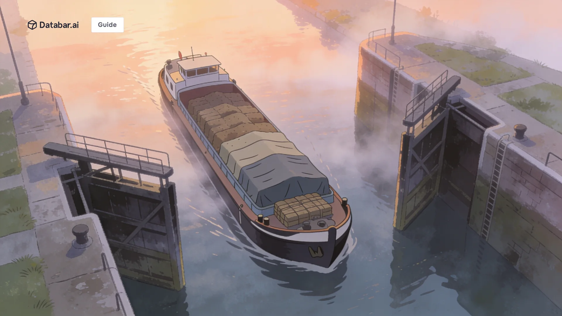 CRM migration and enrichment, illustrated as a canal barge passing through an open lock at dawn with its cargo covered and intact