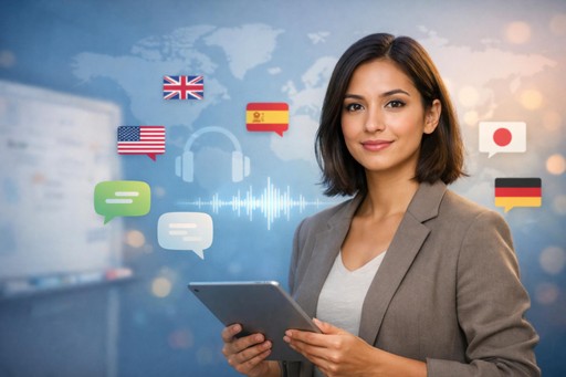 Penerjemah Video digunakan di ruang kuliah universitas untuk menerjemahkan konten video bahasa Inggris ke dalam bahasa Polandia bagi siswa multibahasa.