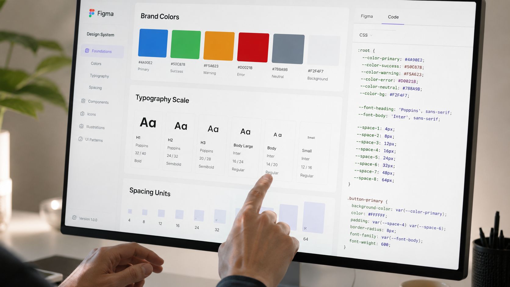 A designer's hand pointing at a design system displayed on a large computer monitor screen.