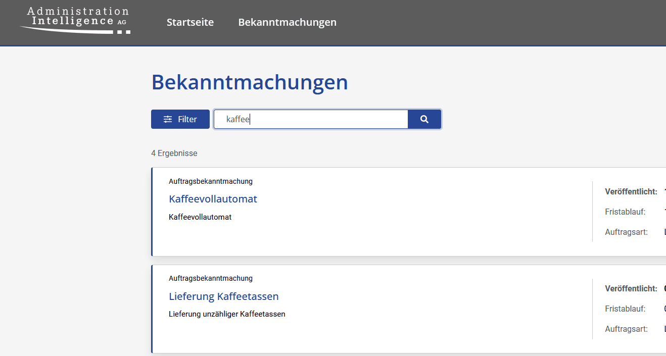 Bildausschnitt aus dem AI VERGABEPORTAL: Bekanntmachungen