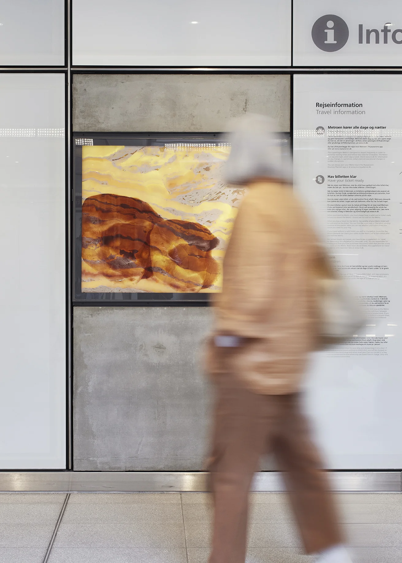 Installation photograph of the public commission work installed at Enghave Brygge Metro, Copenhagen. Backlit marble with silkscreen print.