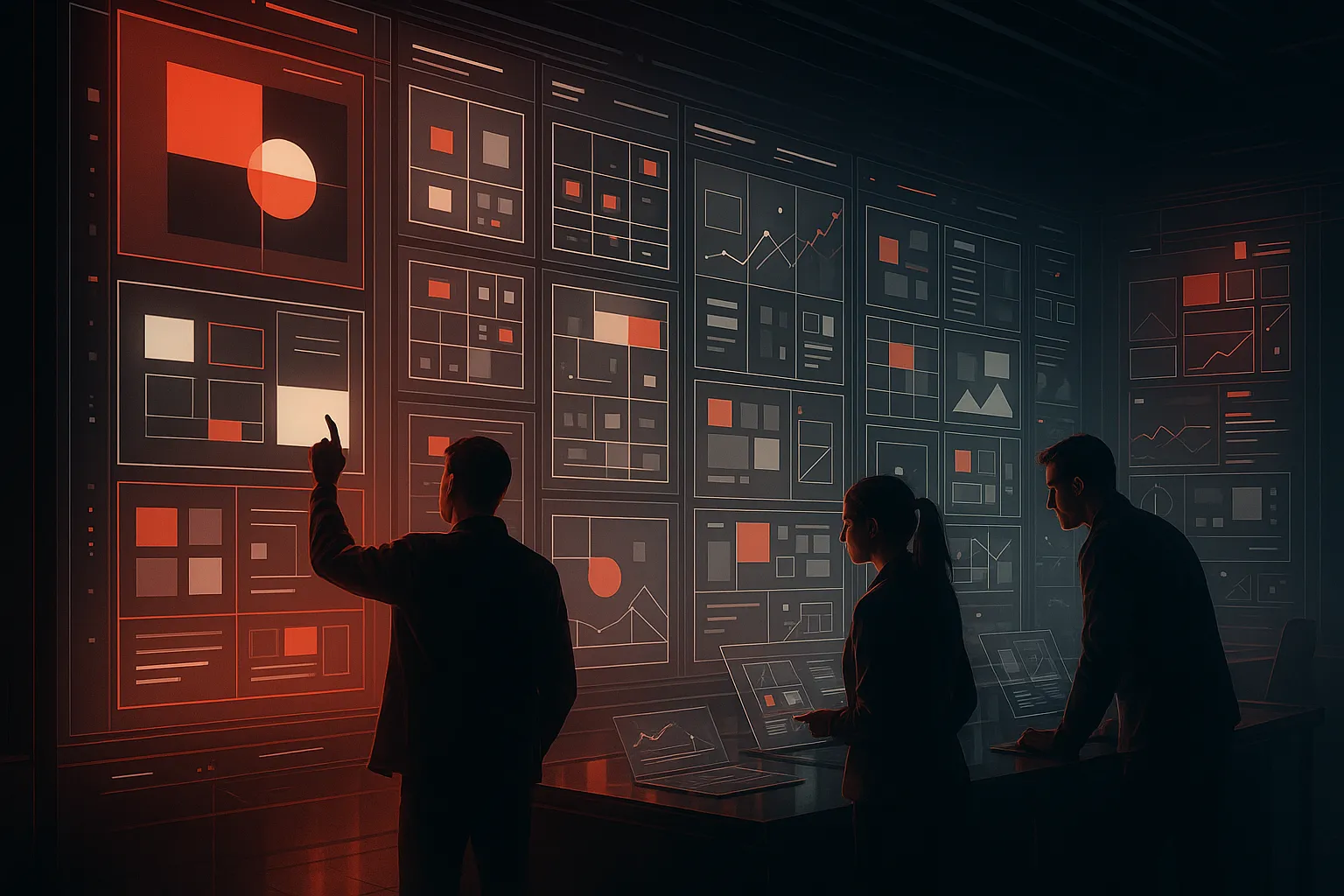 "RockN' Socials team analyzing data on large screens, digital marketing focus."