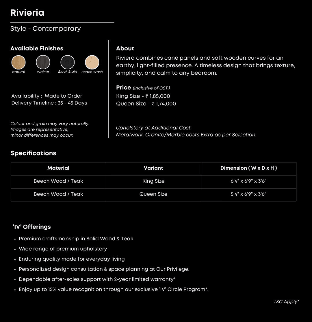 Rattan-paneled bed with curved natural wood frame.
