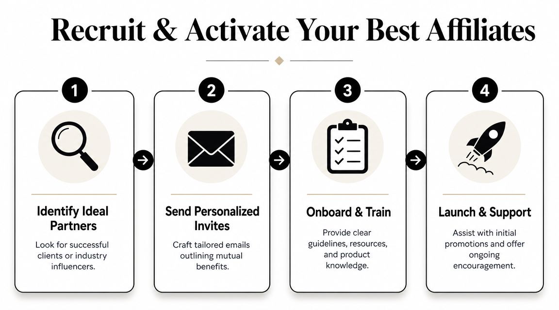 A four-step infographic illustrating the process to recruit and activate successful business affiliate partners effectively.