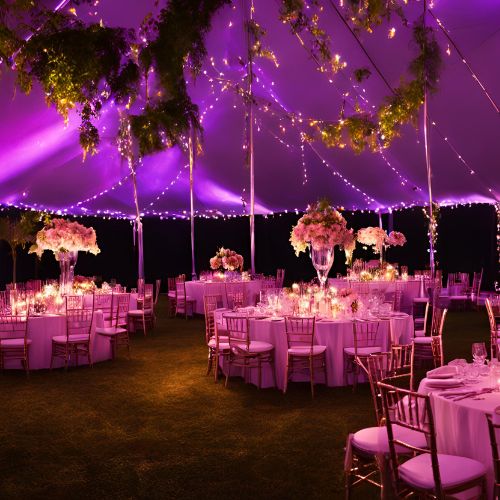 A tastefully decorated banquet hall with vibrant lighting casting a warm glow across the room, highlighting the fine table settings and floral arrangements, awaiting the arrival of guests for a celebration.