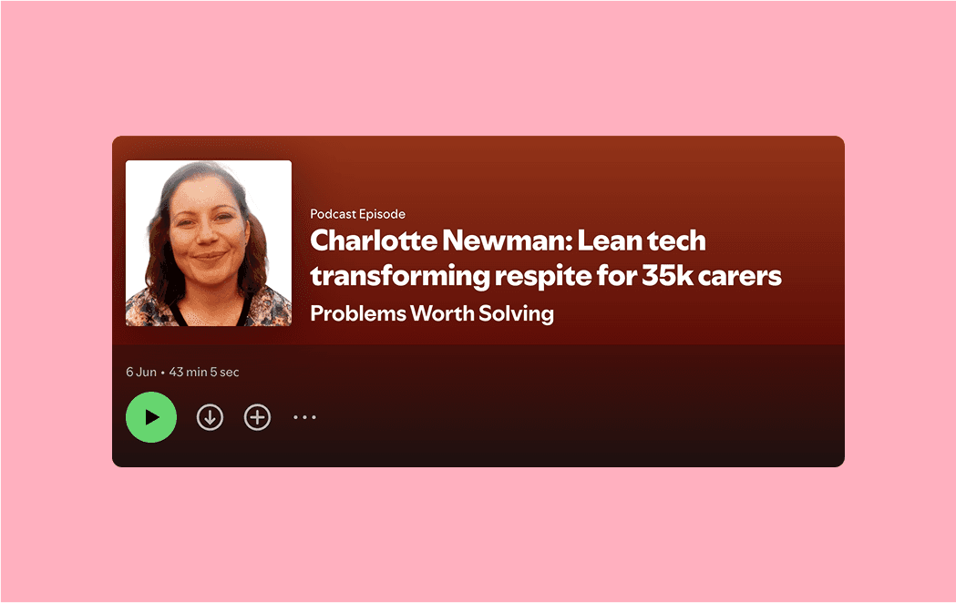 Podcast graphic for "Problems Worth Solving" featuring guest Charlotte Newman, CEO of a tech-for-good organization. Episode title: "Lean tech transforming respite for 35k carers." Released June 6, 43 minutes long.