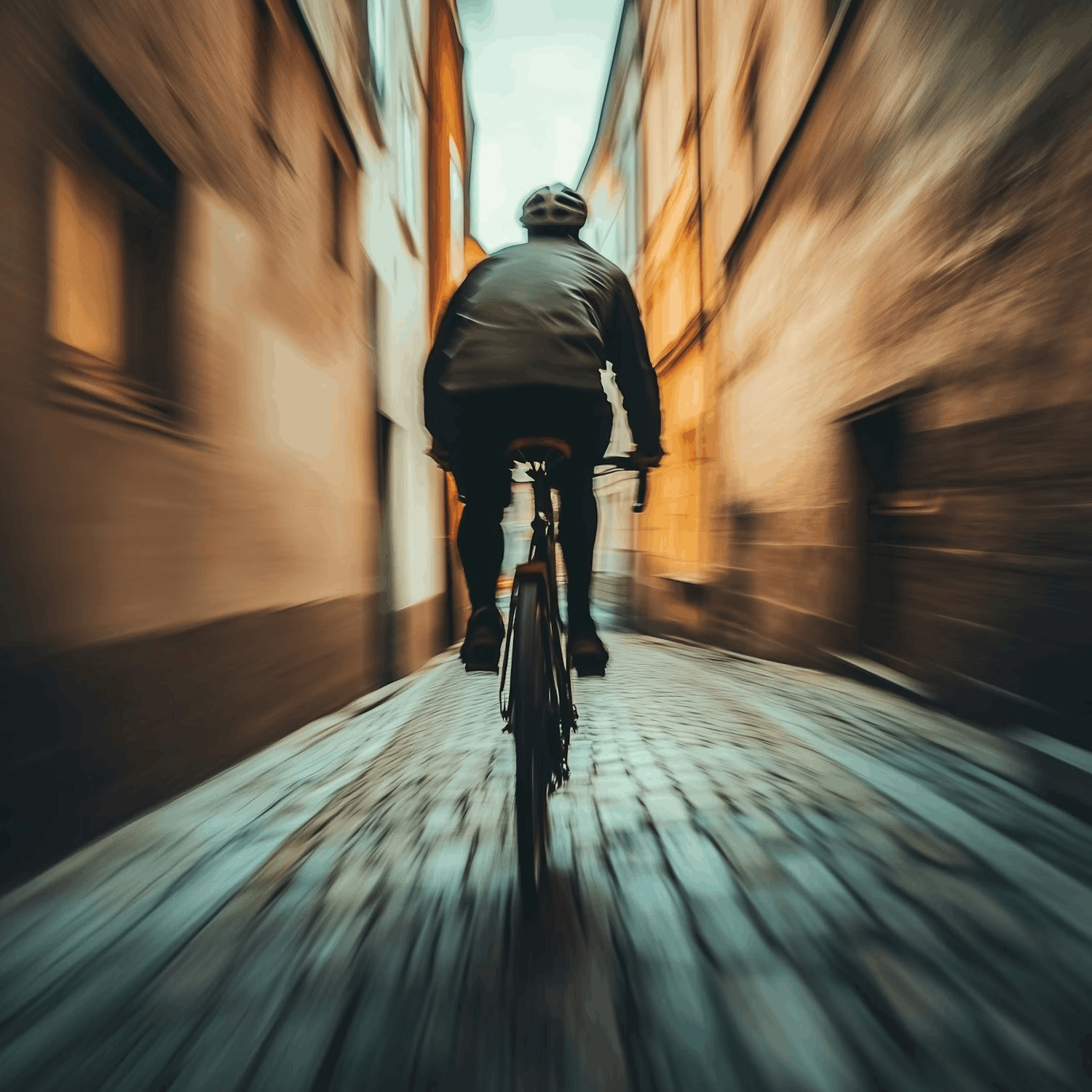 Cyclist speeds down a narrow cobblestone street with motion blur.