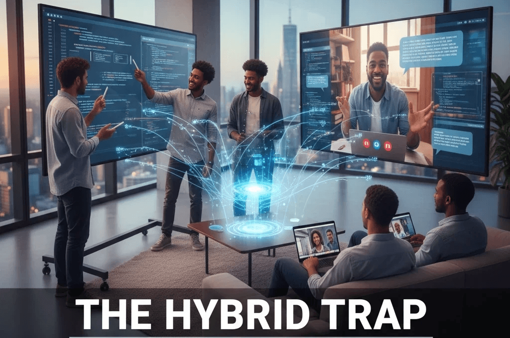 Hybrid team collaborating with virtual meeting screens in a modern office