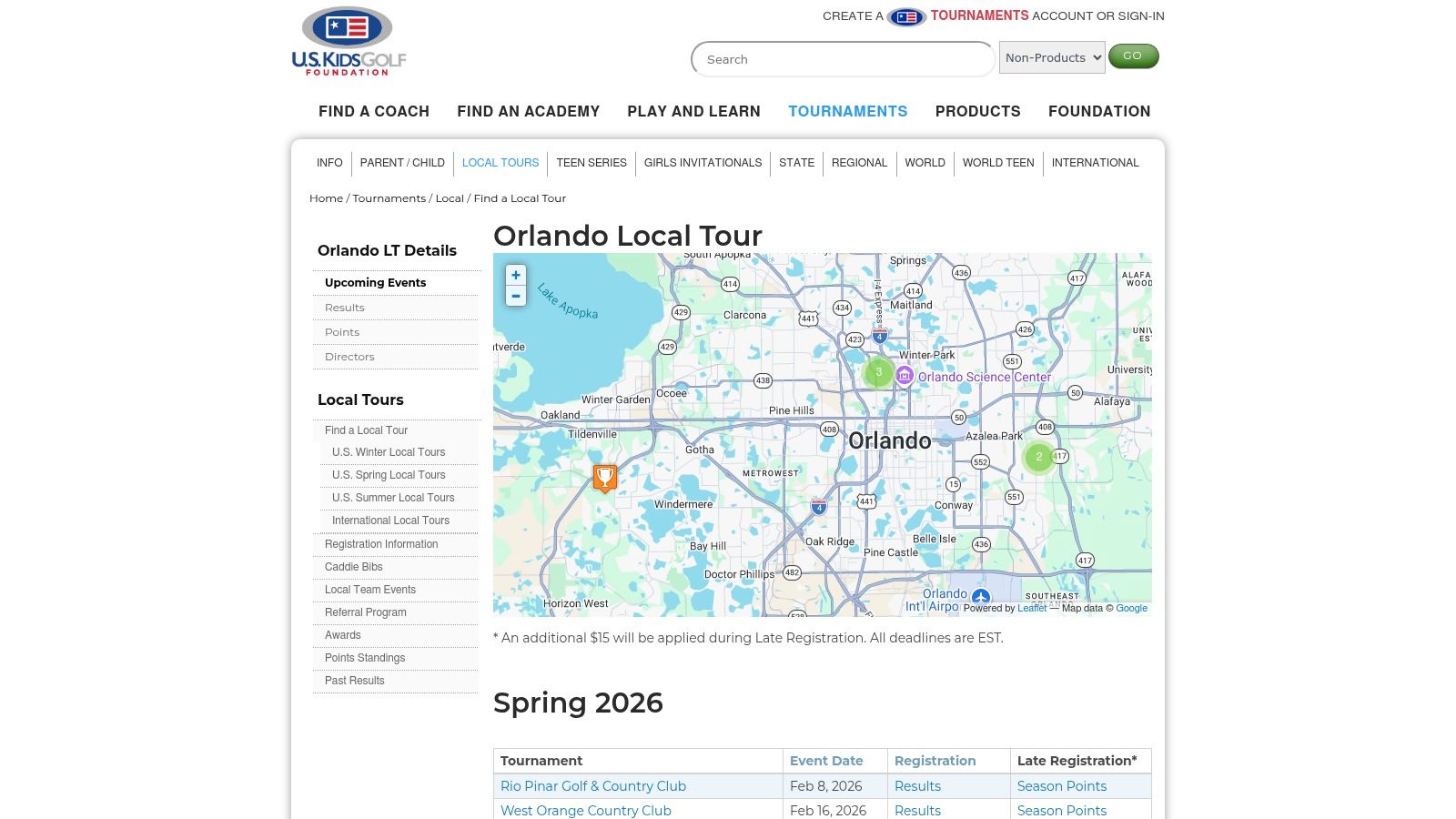 A screenshot of the U.S. Kids Golf — Orlando Local Tour website, showing a schedule of upcoming junior golf tournaments in Orlando.