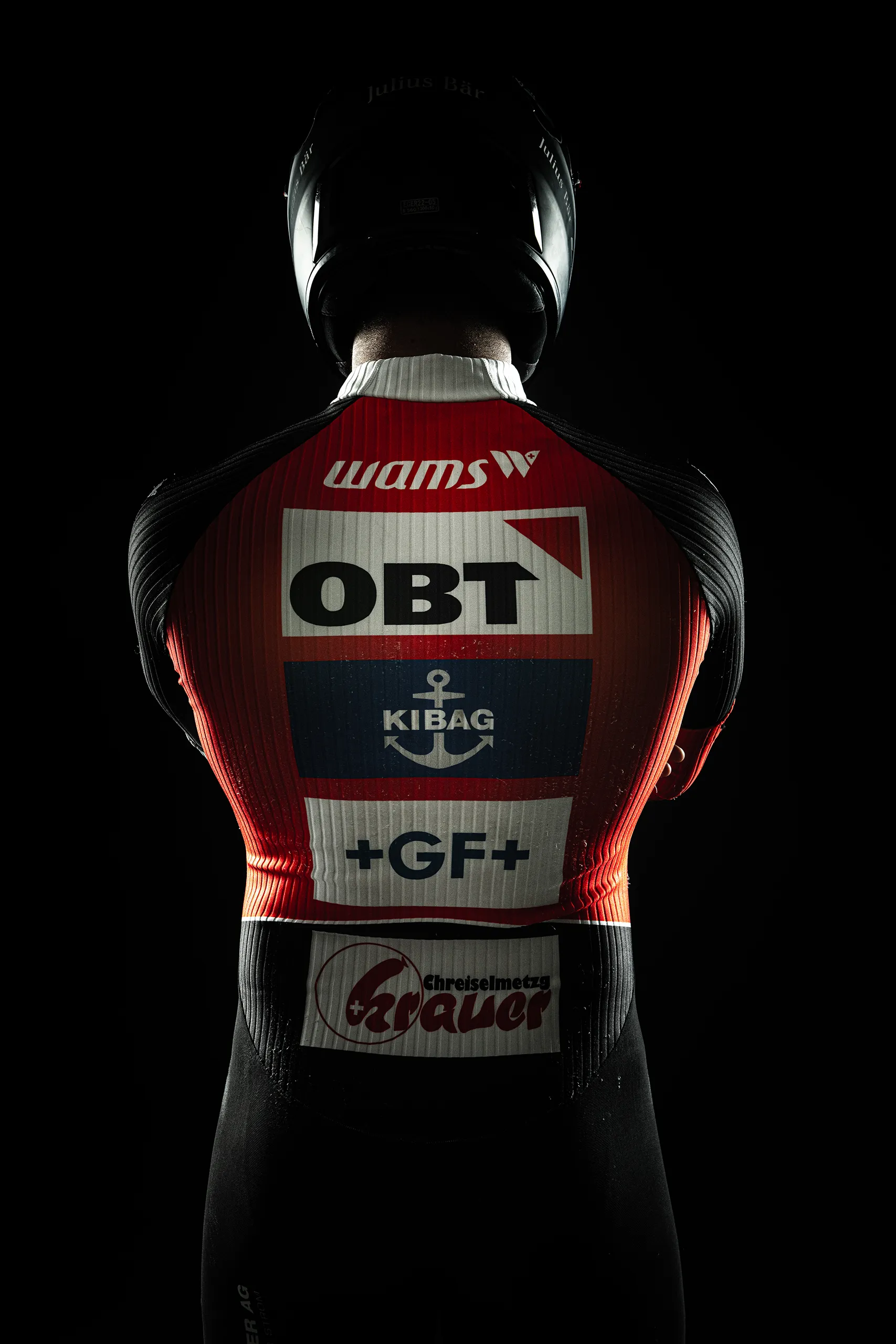 Close up back detail of the Bobteam Vogt suit showing OBT sponsor branding