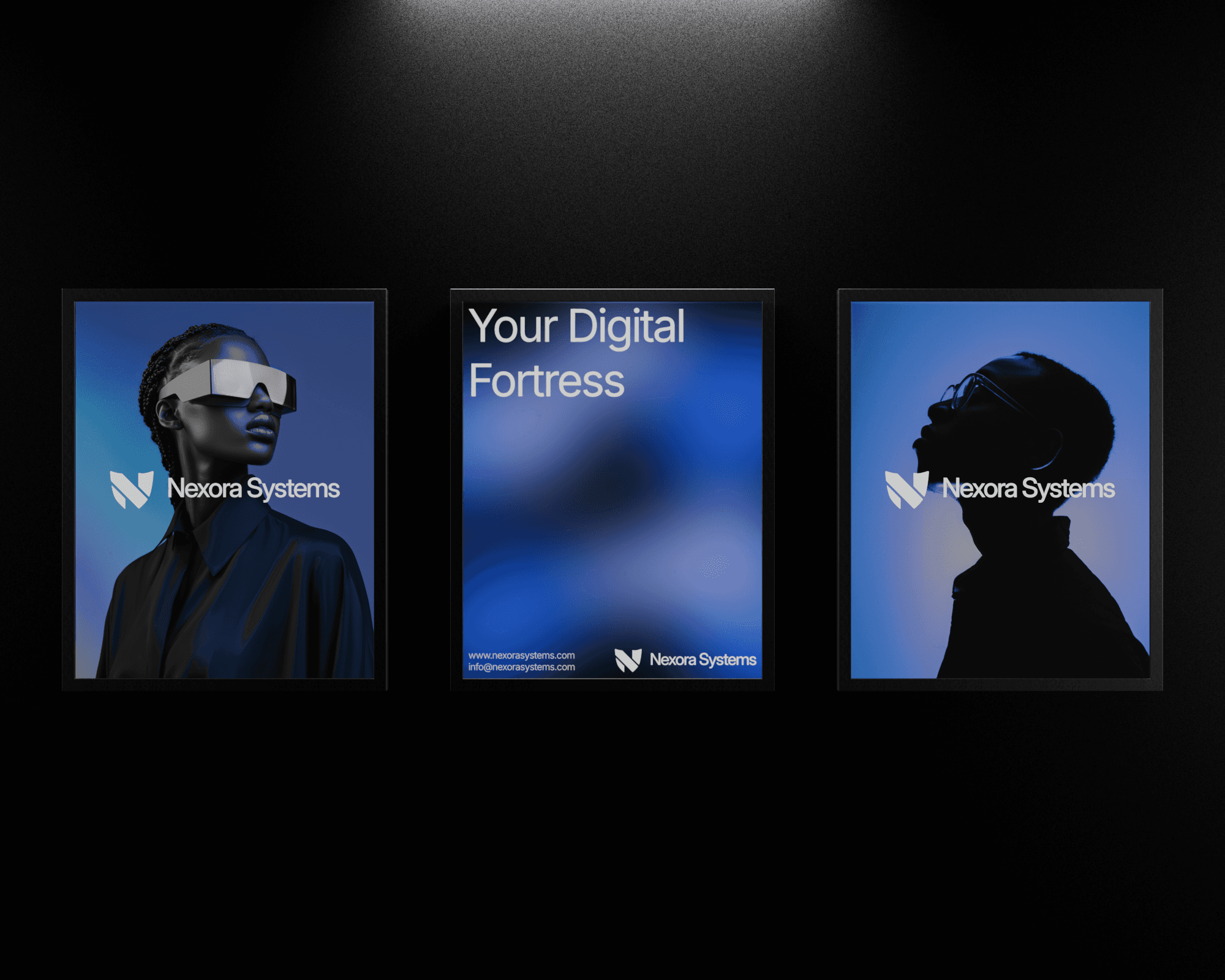 Three framed Nexora Systems posters on a black wall. The poster design on the left features an image of a woman wearing sunglasses against an electric blue background with the Nexora Systems logo in the center of the poster. The poster in the middle features an electric blue gradient background with the words "Your Digital Fortress" at the top of the poster with the logo and contact details at the bottom of the poster. The poster on the right-hand side features a silhouette of a man against an electric blue background with the Nexora Systems logo in the middle of the poster.