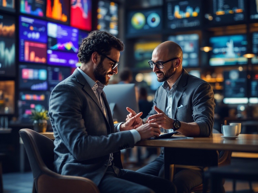 Two businessmen are sitting at a table in a modern office, discussing business.