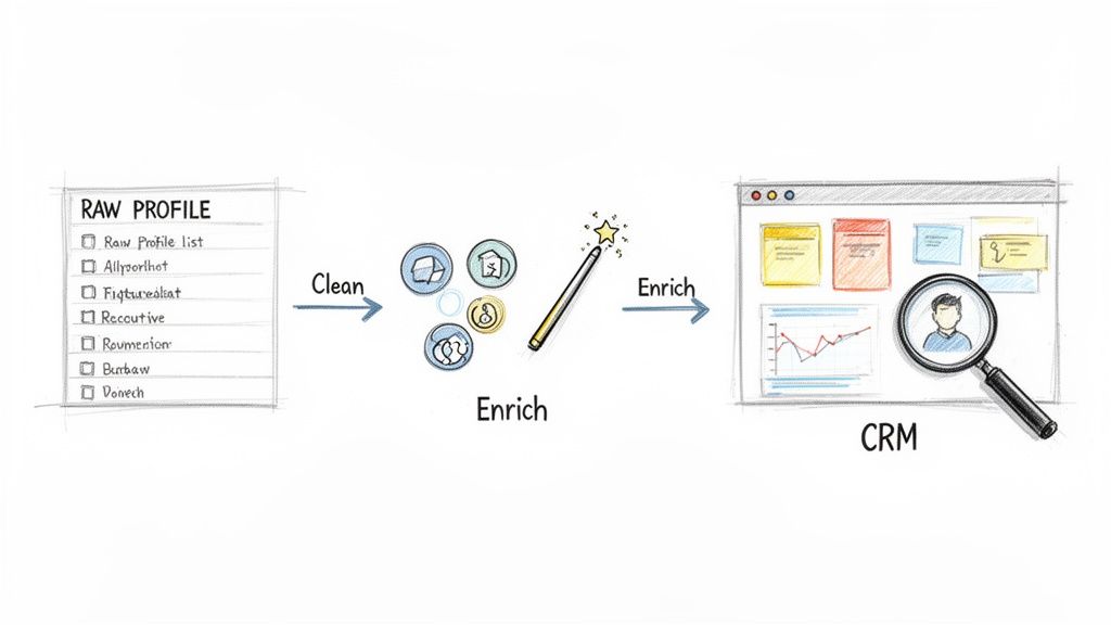 Diagram illustrating the process of cleaning and enriching raw profile data into a CRM.