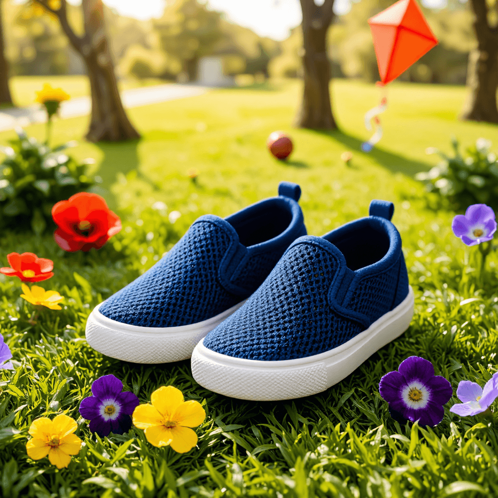product photography of a pair of children's slip-on shoes, designed for casual wear