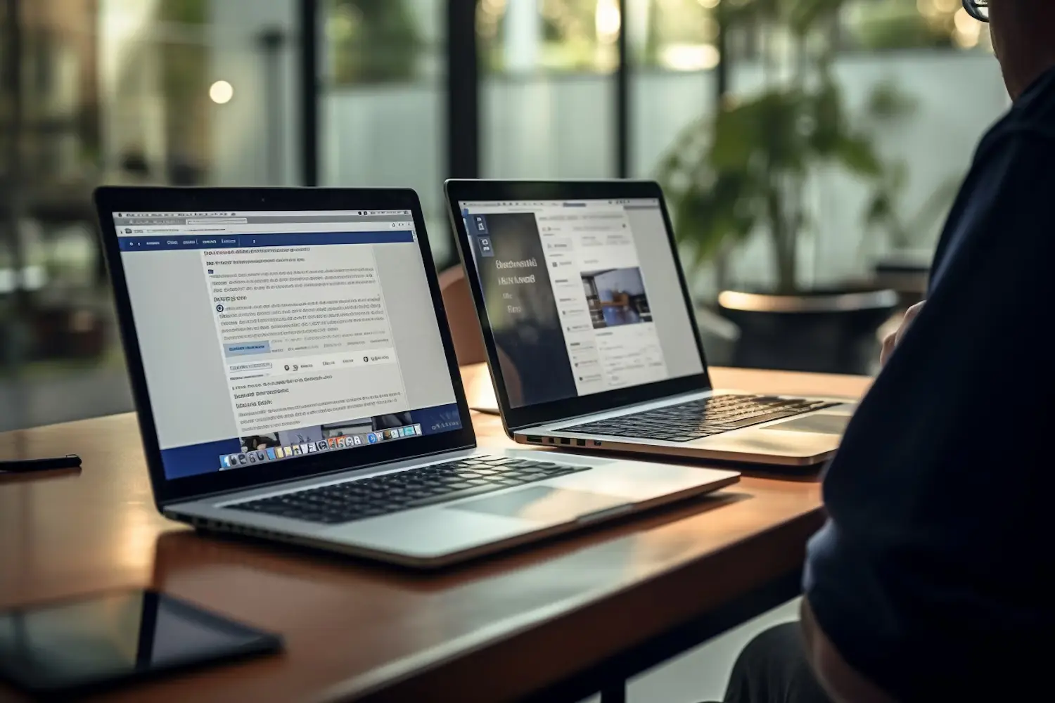 Person working at a desk with two open laptops.