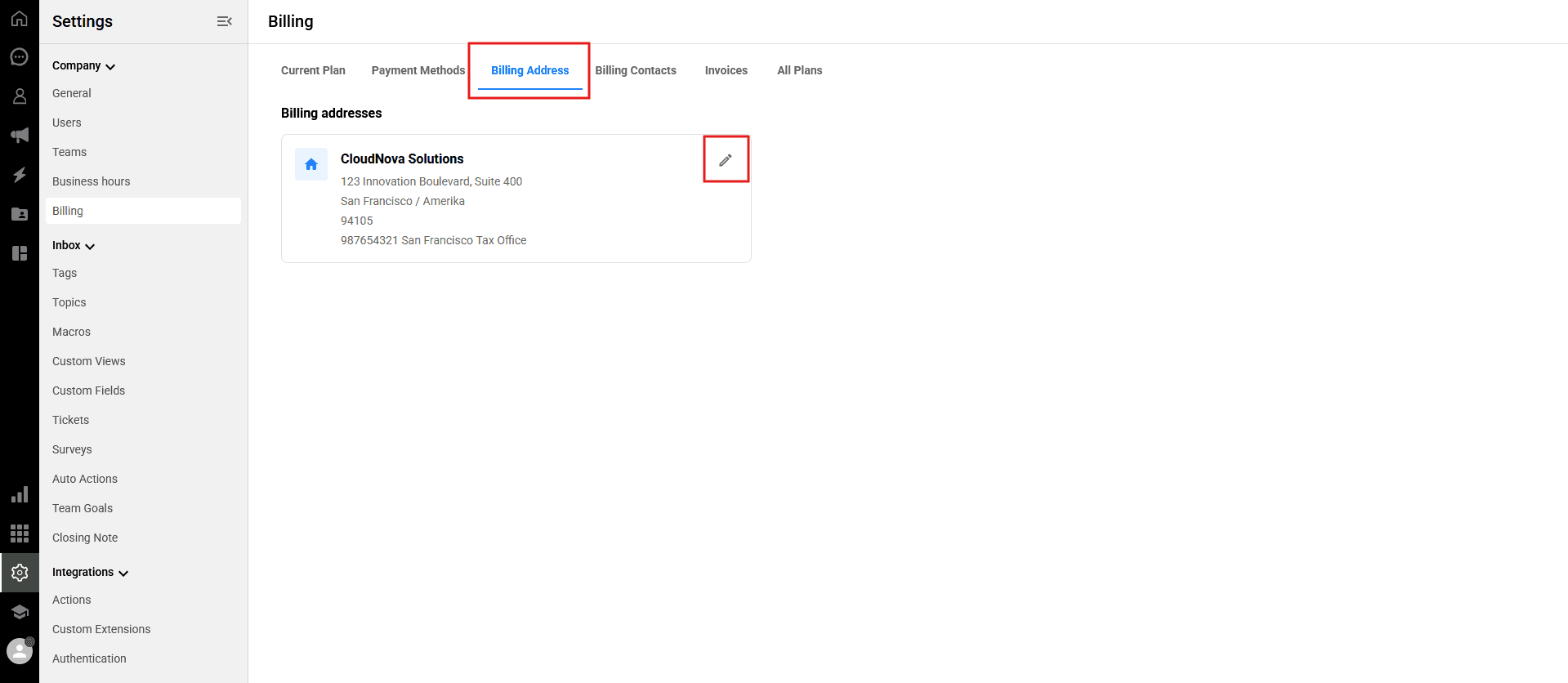 Billing address tab and edit icon in Qpien settings