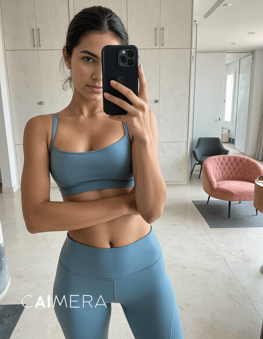 Mirror selfie showing a stylish powder blue workout set in a modern interior with white walls and pink accent chair