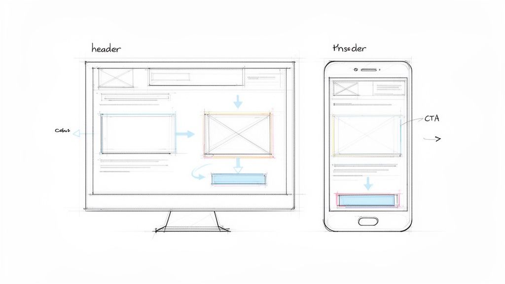 UX design wireframes for desktop and mobile devices, demonstrating content layout and interaction.