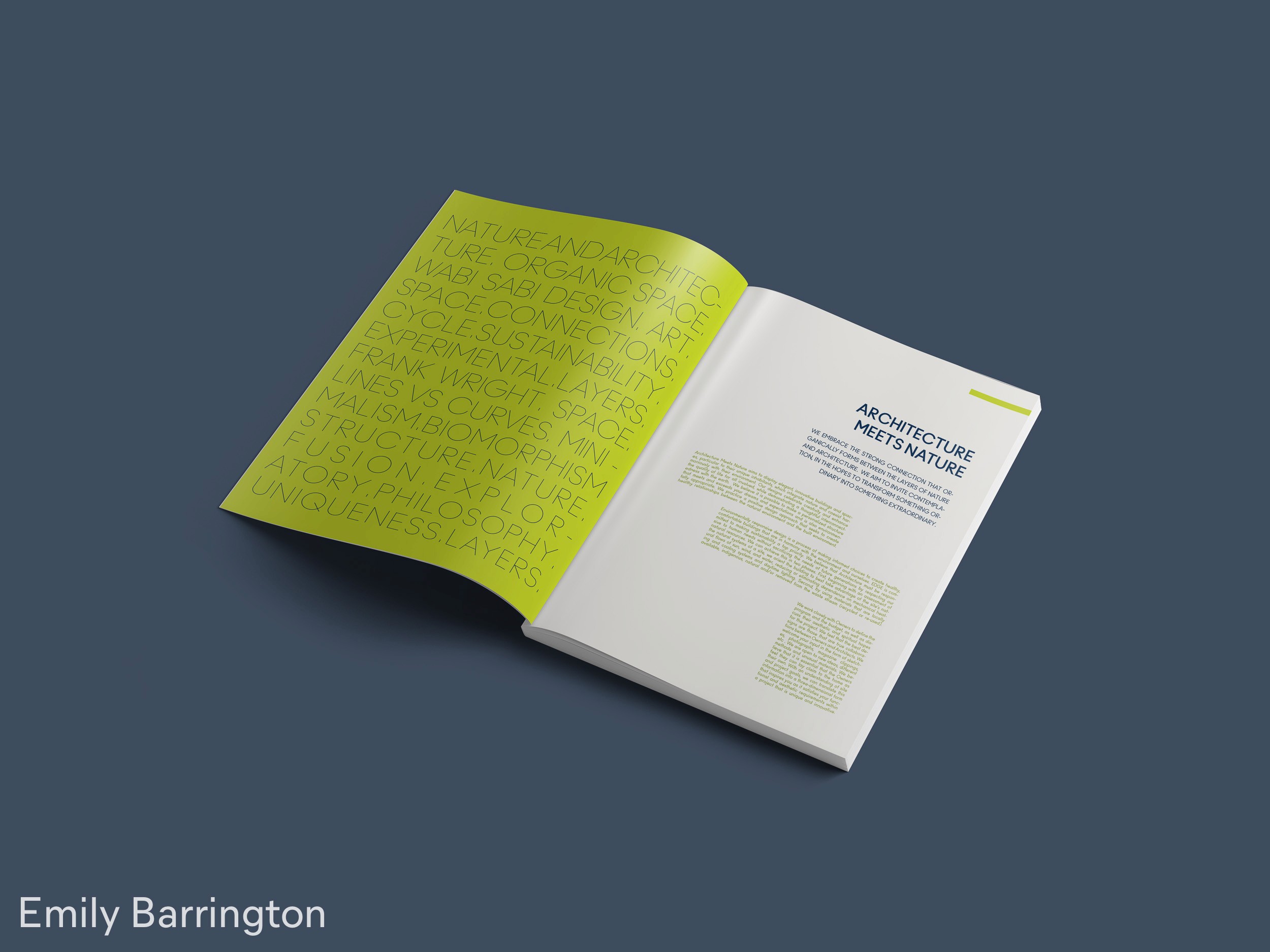 Spread of a magazine with green page on left and right page in white with blue and green text, by Emily Barrington