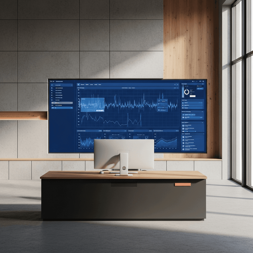 A wide, photorealistic, editorial shot of a minimalist logistics control room with a large, clean data visualization on a wall screen. The room features concrete walls and natural wood accents. Natural morning light streams in from a large window on the right. The upper-left third of the image is clear, showing a smooth concrete wall, perfect for text overlay. Aspect ratio 16:9. Brand colors #1F3B5B and #F5F2EC are subtly present in the UI on the screen and office furniture. No people, no text, no logos.