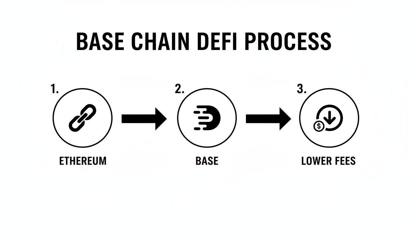 A diagram illustrating the Base chain DeFi process from Ethereum to Base for achieving lower fees.