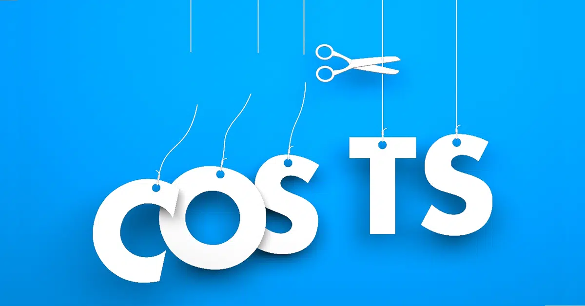 A conceptual illustration of cost-cutting, featuring the word "COSTS" suspended by strings, with scissors cutting through them against a bright blue background.