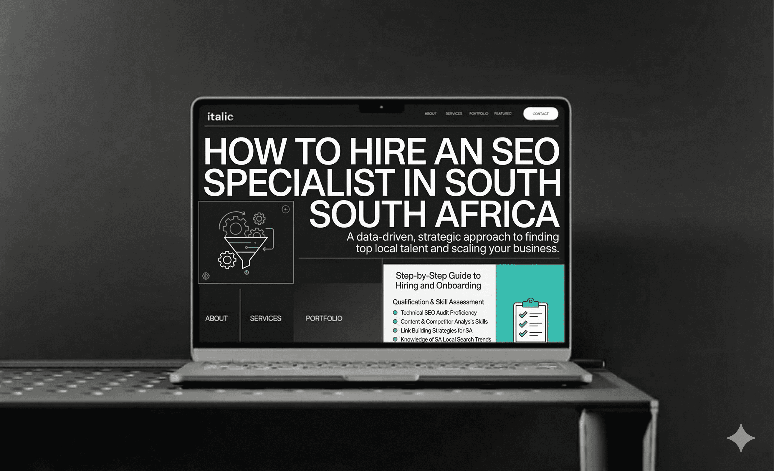 Laptop on desk with the text "How to hire an SEO specialist in South Africa" on the screen