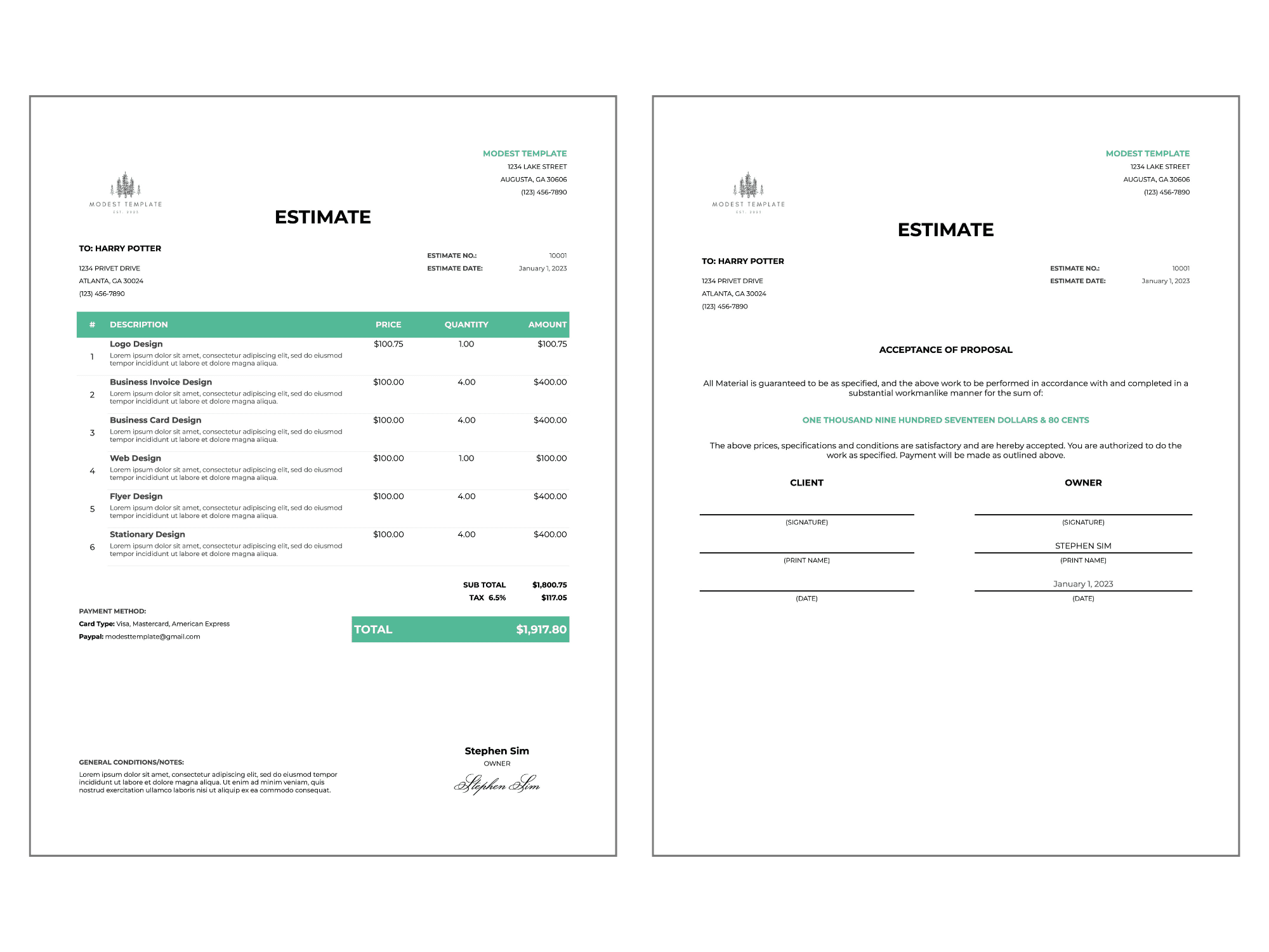 Printable estimate template displaying a detailed cost breakdown and client approval section for professional project proposals.