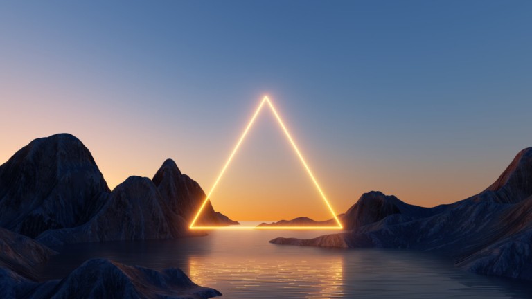 Glowing geometric triangle illuminated against a twilight sky with rocky landscape and water, symbolising the future and innovation in healthcare
