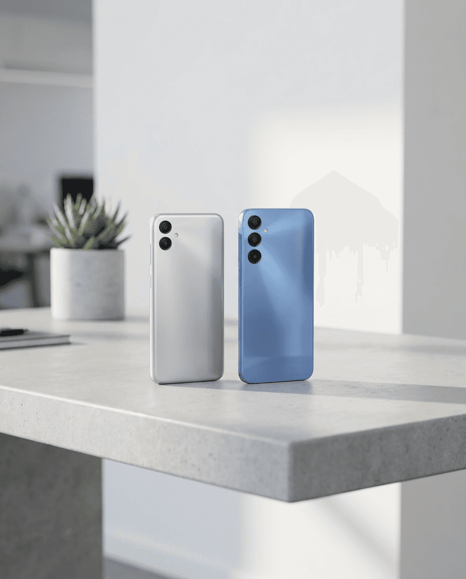 Samsung Galaxy A-series smartphones (A16 and A06) displayed in a modern environment.