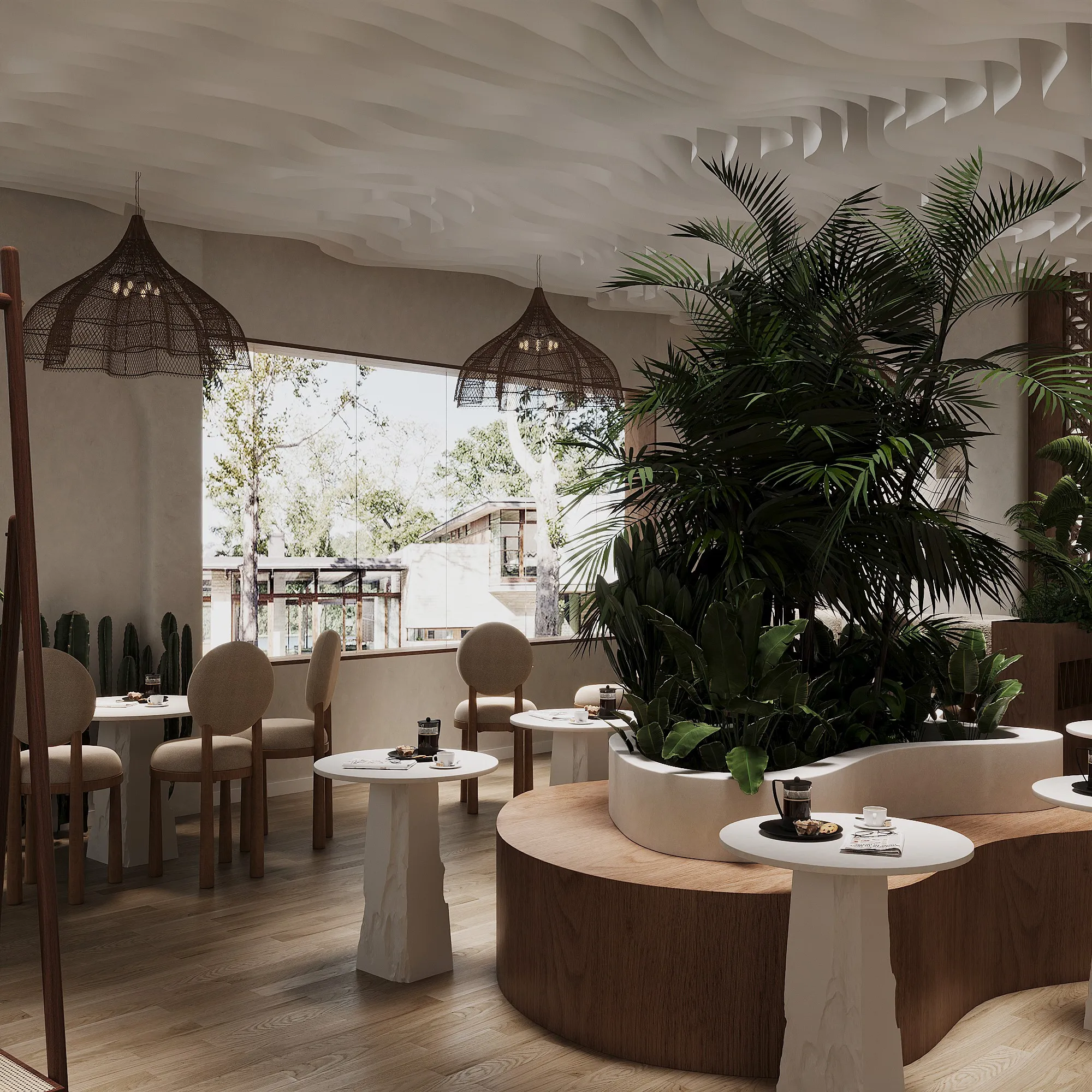 Modern cafe interior with comfortable seating, lush plants, and natural light.