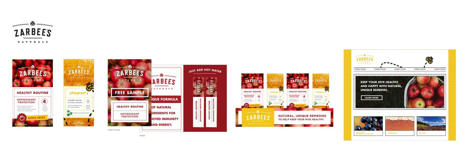 Brand packaging exploration for Zarbee's Naturals qualitative testing — a warmer, more structured visual direction applied across the same touchpoints with the Buzzy bee flight path motif, yellow accent bars, apple photography, and "Keep Your Hive Healthy" messaging.