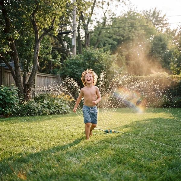 Joyful child runs through a sunlit lawn sprinkler, laughing as water sprays around him in a backyard, creating a playful summer scene.