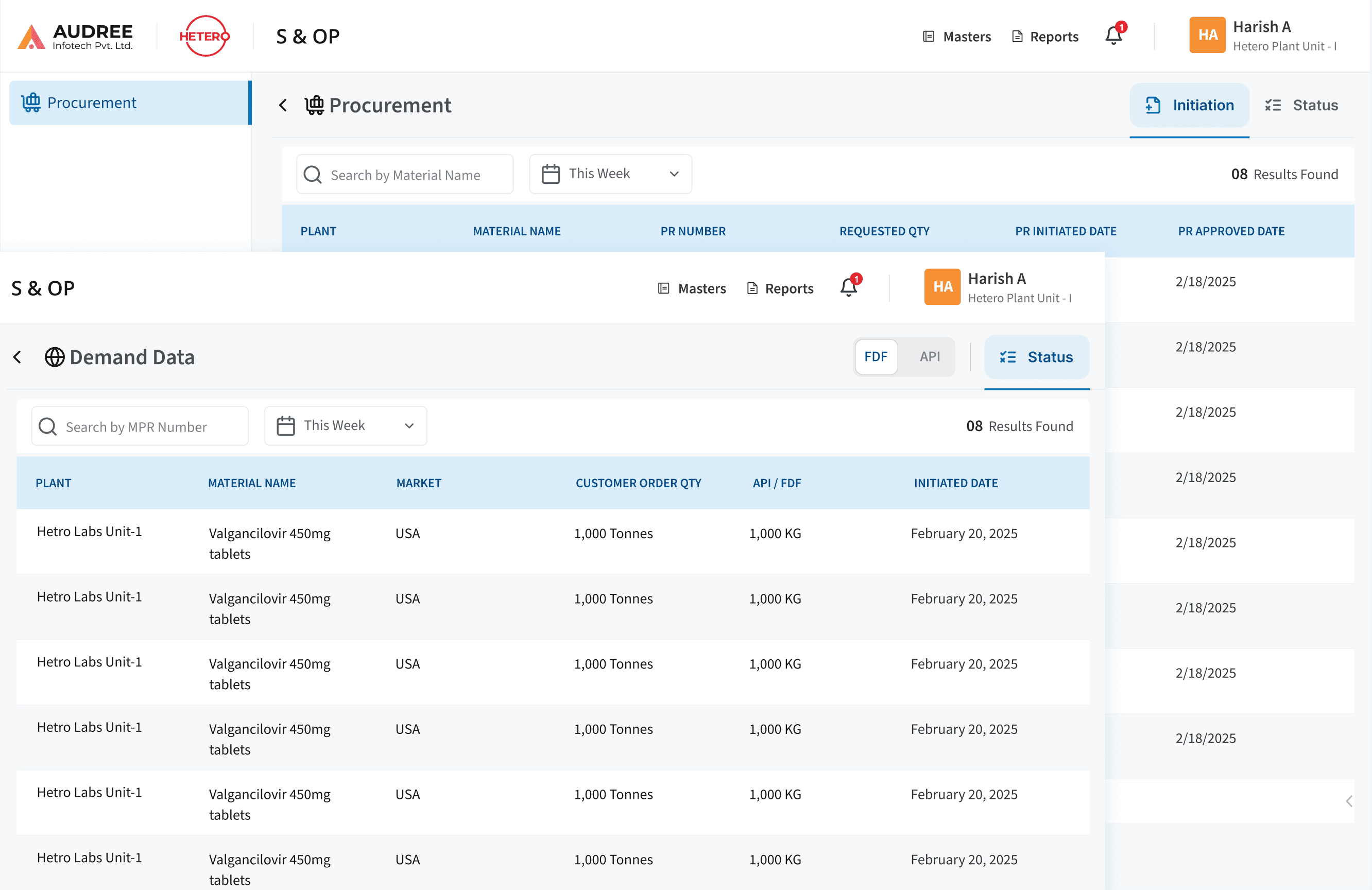 S&OP Clear Demand and Procurement Screen