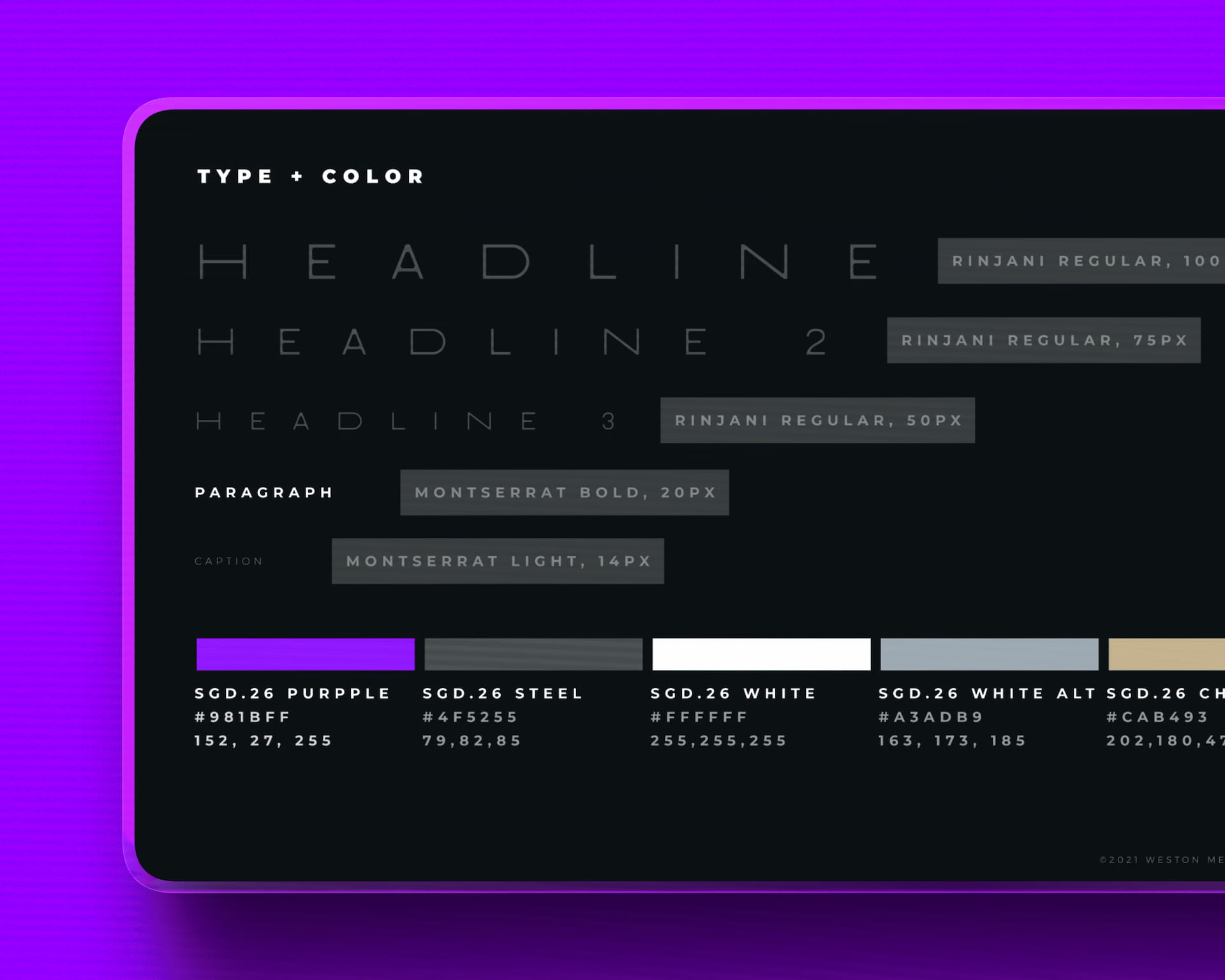 SD.26 brand typography and color palette guide showing Rinjani Regular headlines and Montserrat body text with purple, steel gray, white, and champagne color swatches for Spencer Dinwiddie personal brand