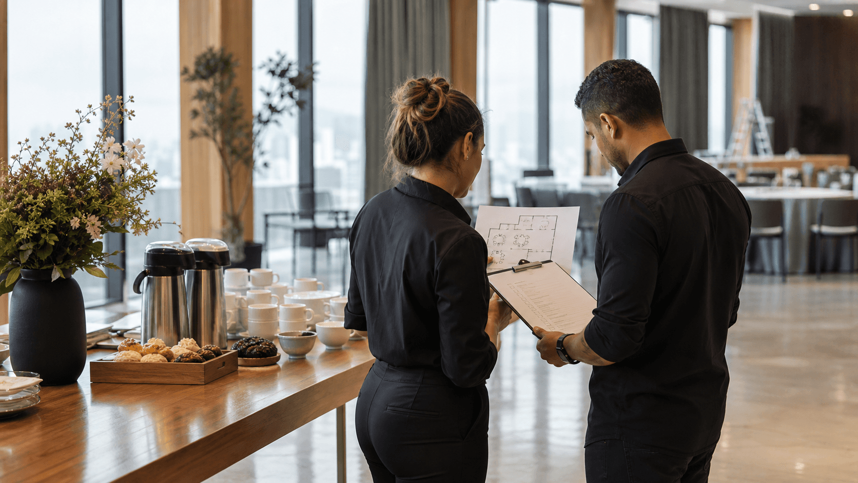 Profissionais alinhando o planejamento de catering para evento corporativo