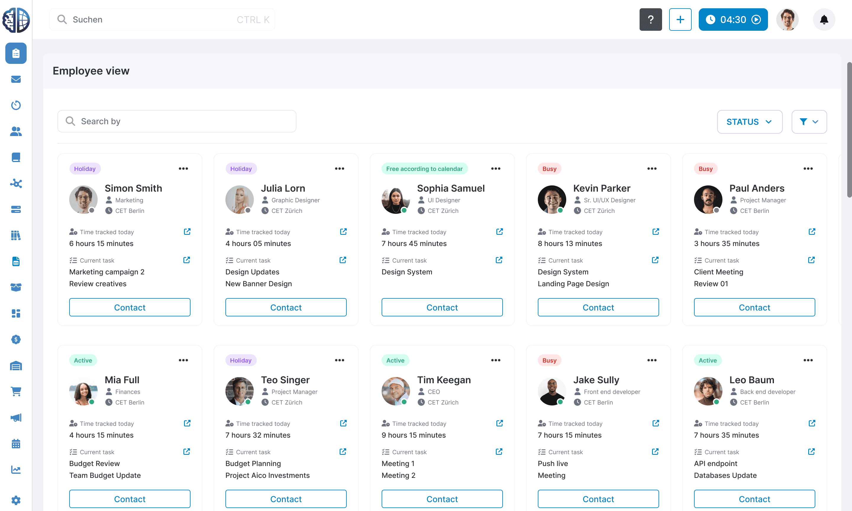 Aico Dashboard employee view showing a grid of ten employee cards across two rows, each displaying name, role, timezone, hours tracked, current task, availability status (Holiday, Busy, Active, or Free according to calendar), and a Contact button, with a left sidebar navigation and search bar at the top