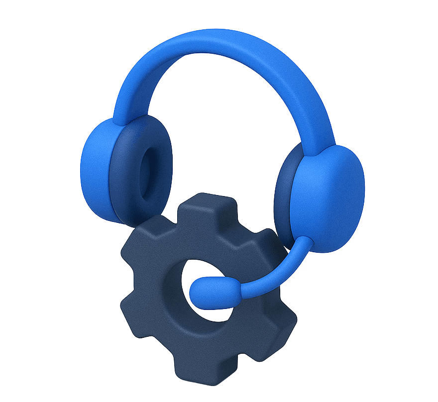A headphone set with a microphone, sitting behind a gear, to support the title "support and strategy." It is a stylized blue 3D logo made for CSIT