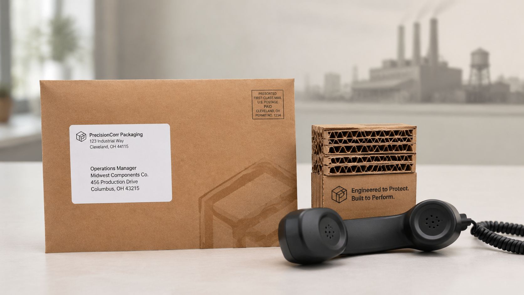 A brown envelope and a corrugated cardboard sample on a table with a telephone handset nearby.