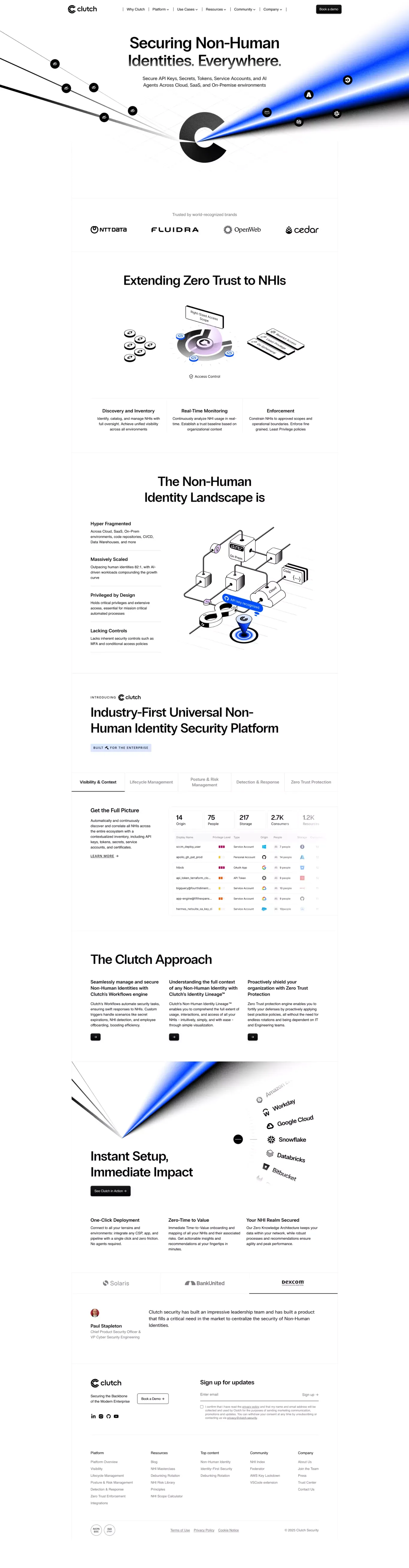 NHI Security with Clutch: Secure All Non landing page screenshot showcasing Tech design