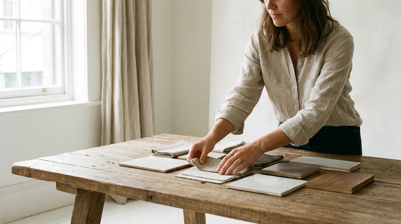 An interior designer laying out material samples, evoking AI call answering for interior design firms