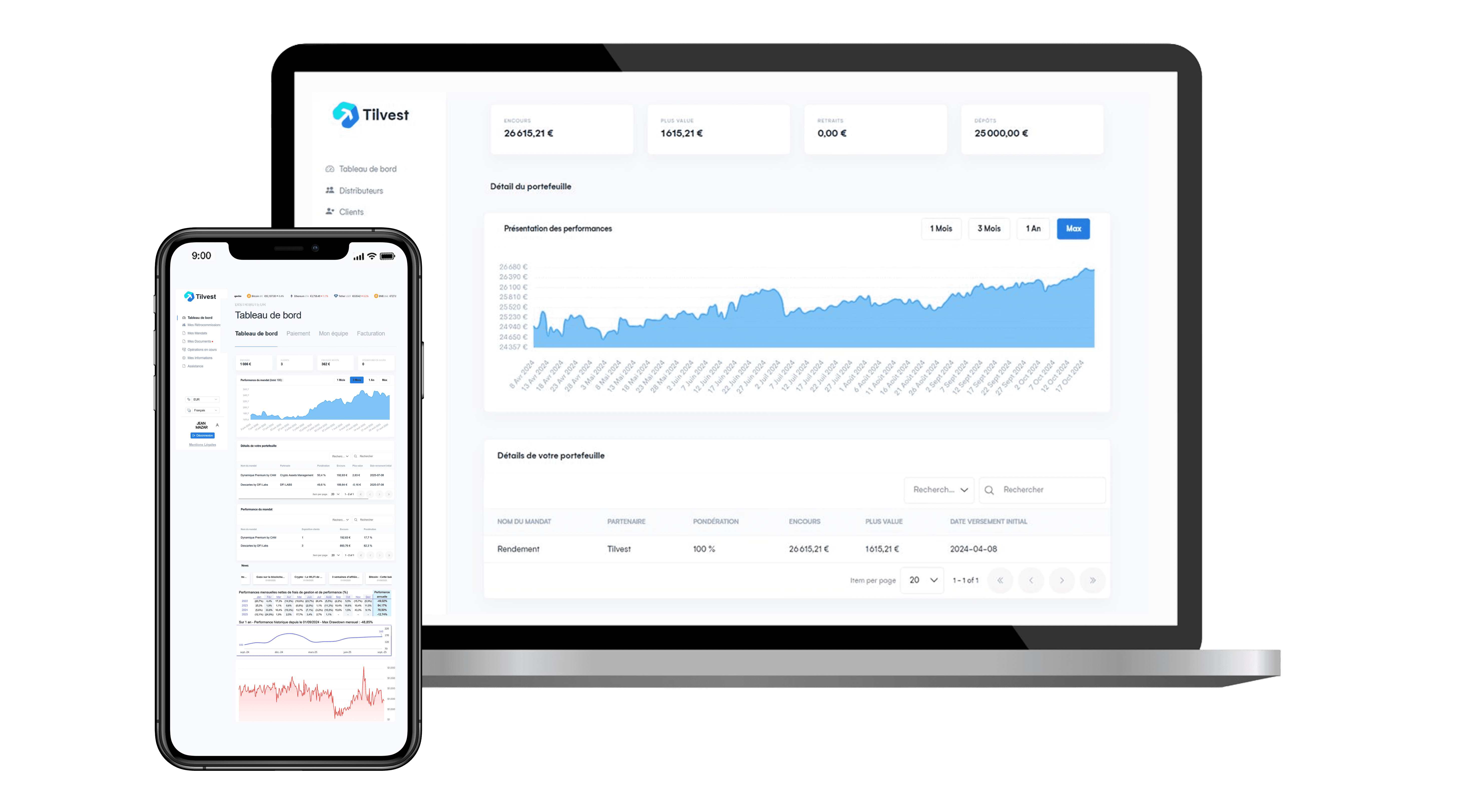 Tableau de bord sécurisé Tilvest, partenaire KRYPT. Affiche la gestion de portefeuille et les performances d'investissement. Graphique de croissance crypto avec encours, plus-value et historique. Détails du mandat de gestion. Outil de gestion de patrimoine pour investisseurs crypto.