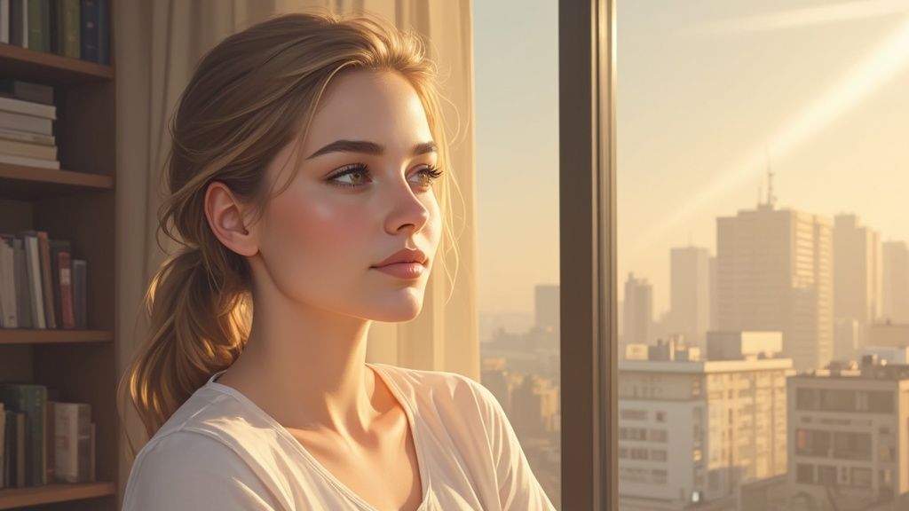 Eine Person nutzt das natürliche Licht eines Fensters für ein professionelles Selbstporträt.